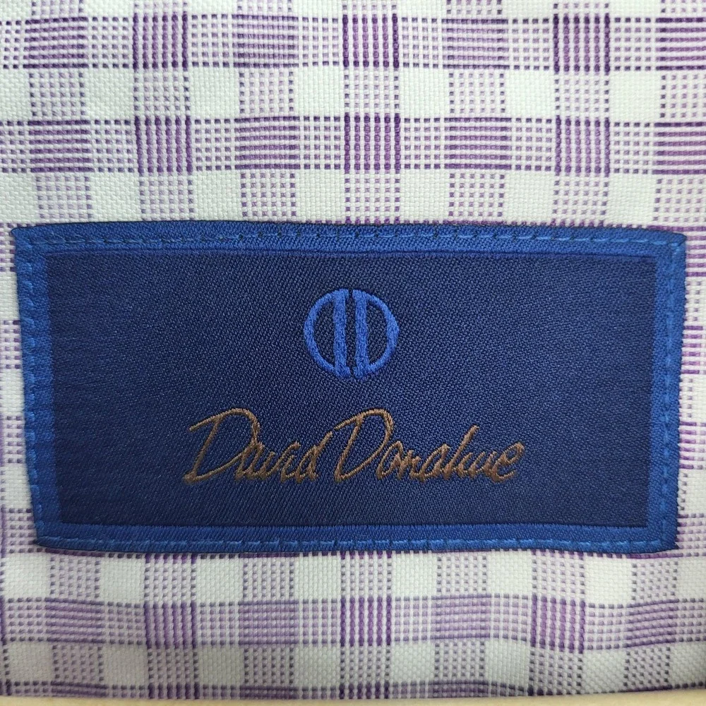 David Donahue Shirt Mens 16 34/35 Purple‎ White Check Long Sleeve Button Front
